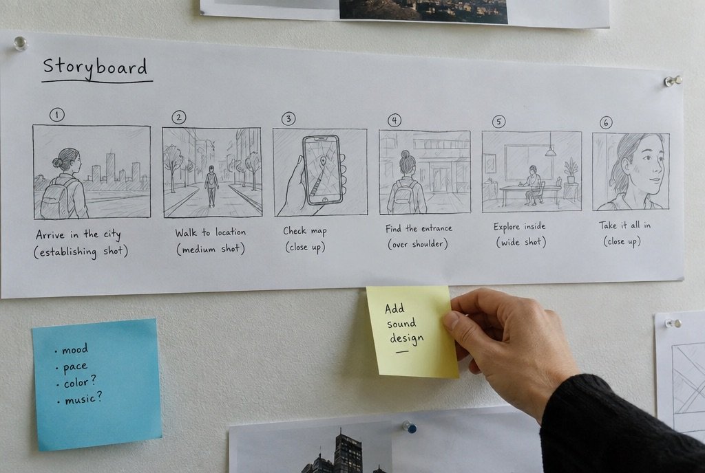 A storyboard pinned to a wall: six rough frames with short captions