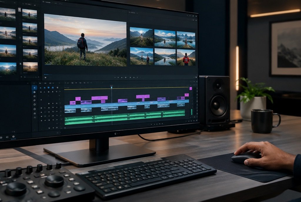 A video editor's timeline with several generated clips being reviewed on a monitor