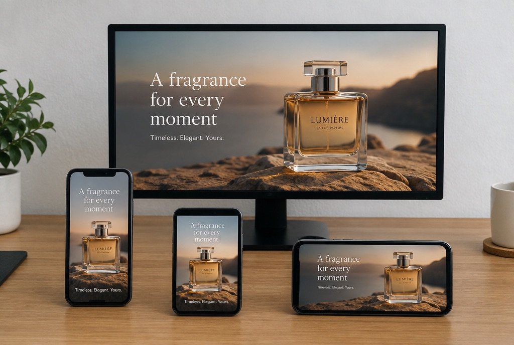 Three phones and a wide monitor each playing the same ad in its own format
