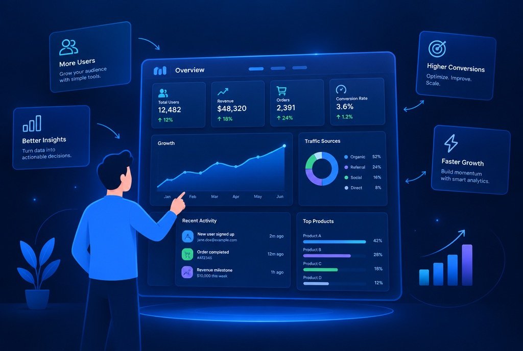 An animated dashboard walkthrough with clean icons on a dark blue background