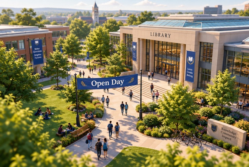 A college campus with an open day banner, seen from above.