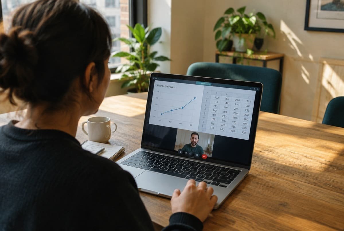 A strategist on a video call, reviewing an account on a laptop.