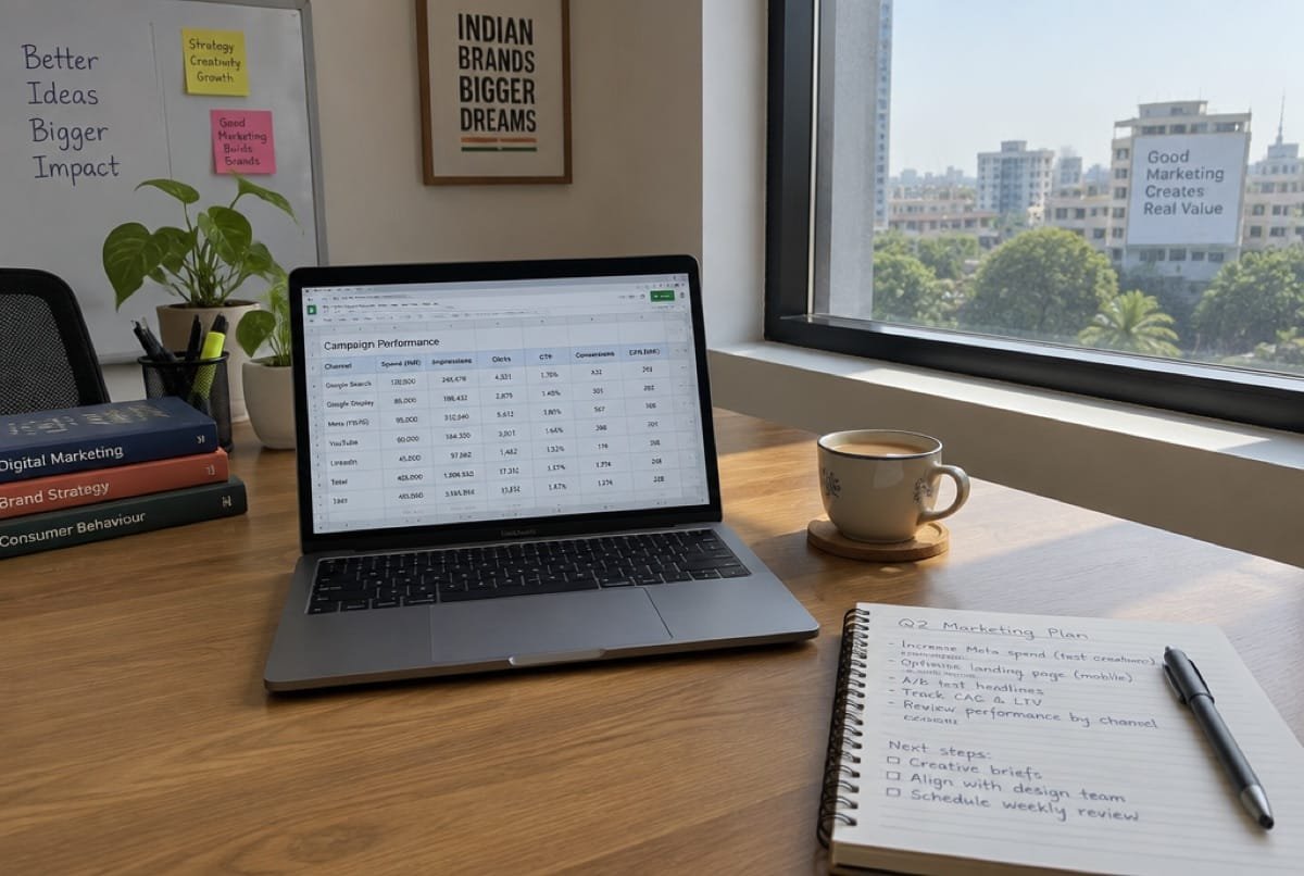 A laptop with a spreadsheet open beside a notebook of next steps.