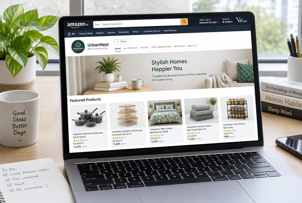 A brand storefront page on an Amazon-style site on a laptop.
