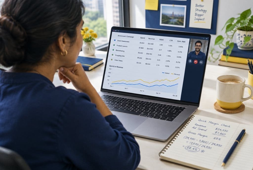 A strategist reviewing a brand's ad account on a video call.