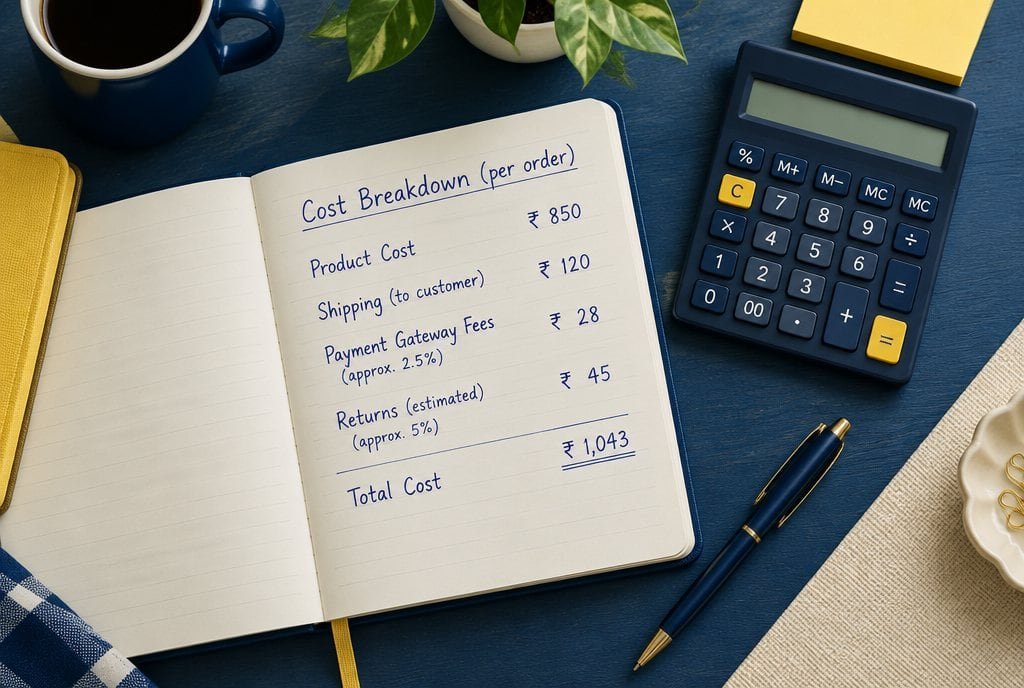A notebook with a per-order cost breakdown beside a calculator.