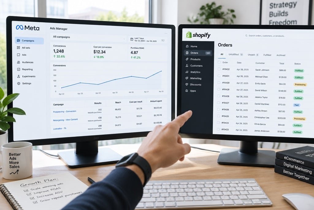 Ad platform results checked against store orders on two screens.