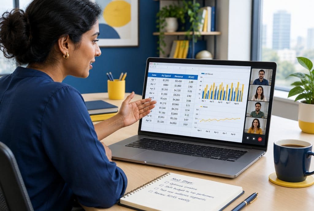 A strategist on a video call reading a client's numbers.
