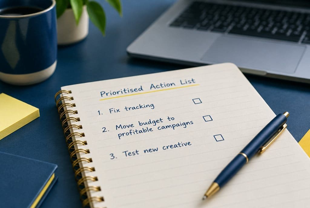 A prioritised action list written in a notebook.