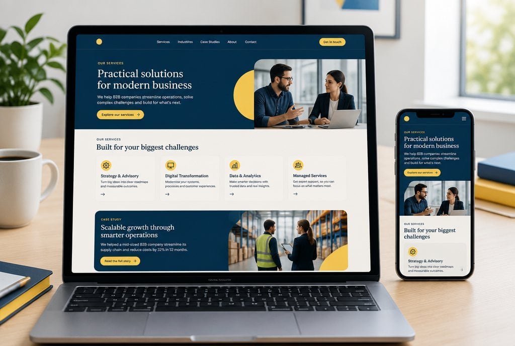 A B2B website with case studies, open on a laptop and a phone.