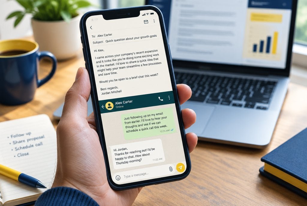A hand holding a phone with a WhatsApp follow-up message.
