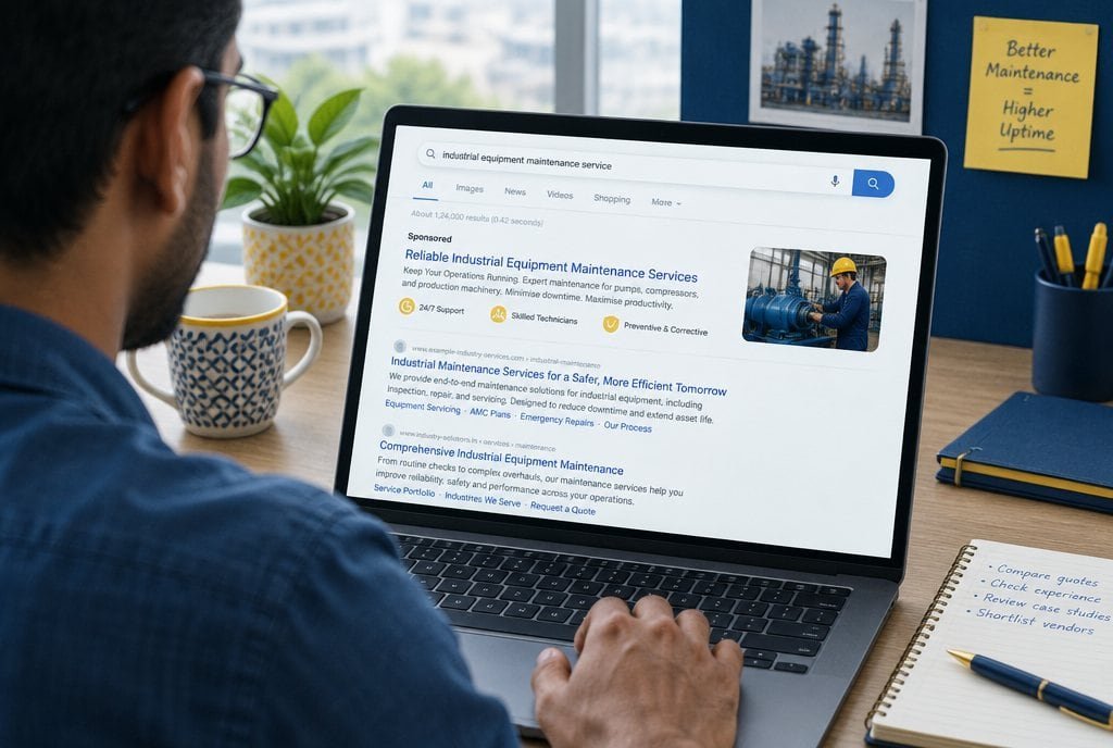A buyer searching for a supplier on a laptop.