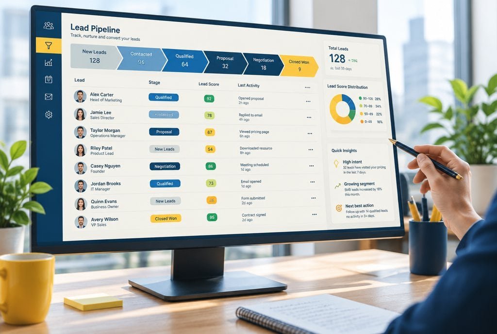 A lead pipeline dashboard on a monitor, with a person pointing at a stage.
