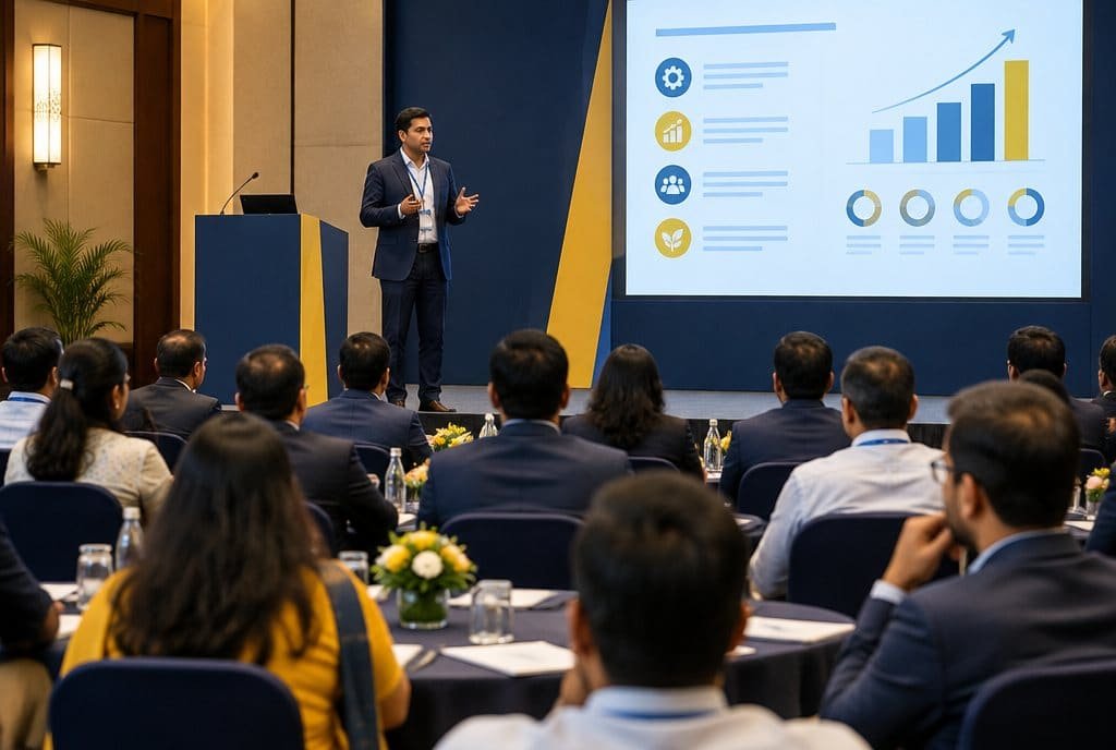 A speaker presenting to a room of business buyers at a seminar.