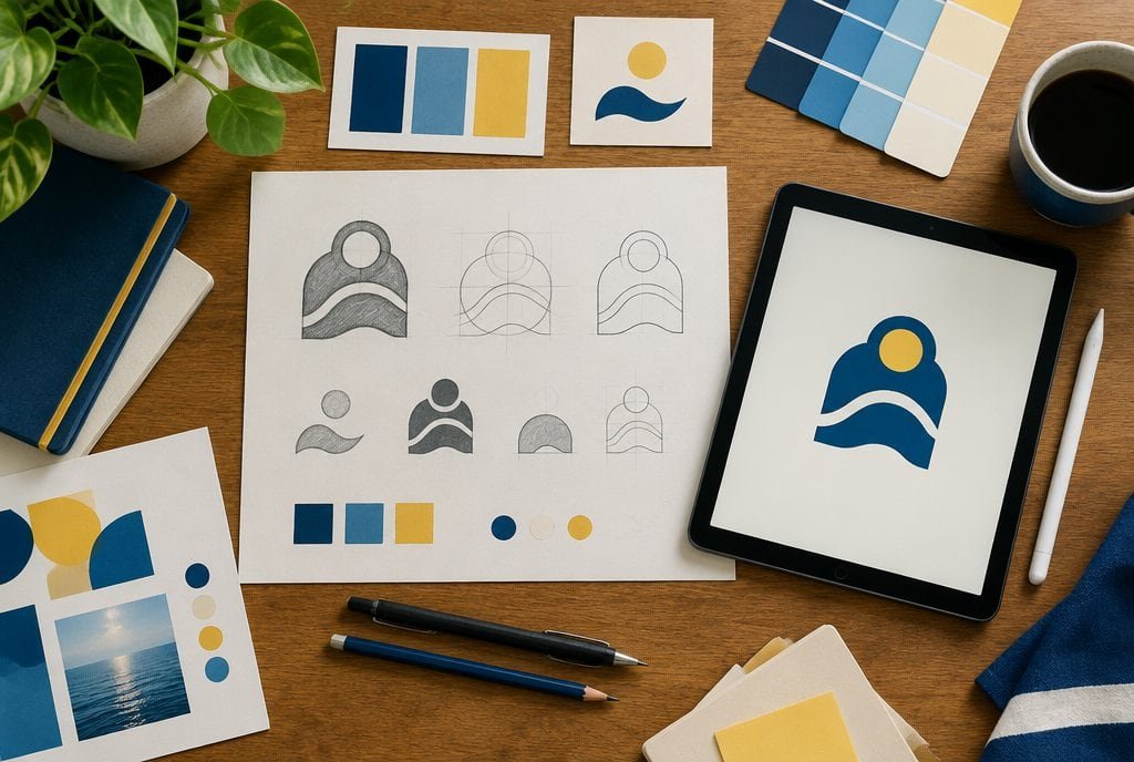 Logo sketches, colour swatches and a tablet showing a finished brand mark on a desk.
