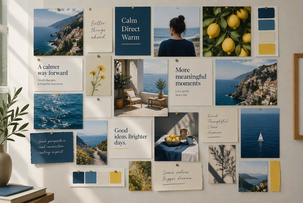 A mood board of photos, colour and short phrases for a brand voice.