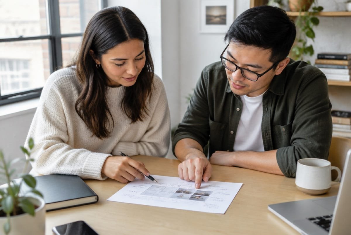Two designers reviewing a printed layout together.