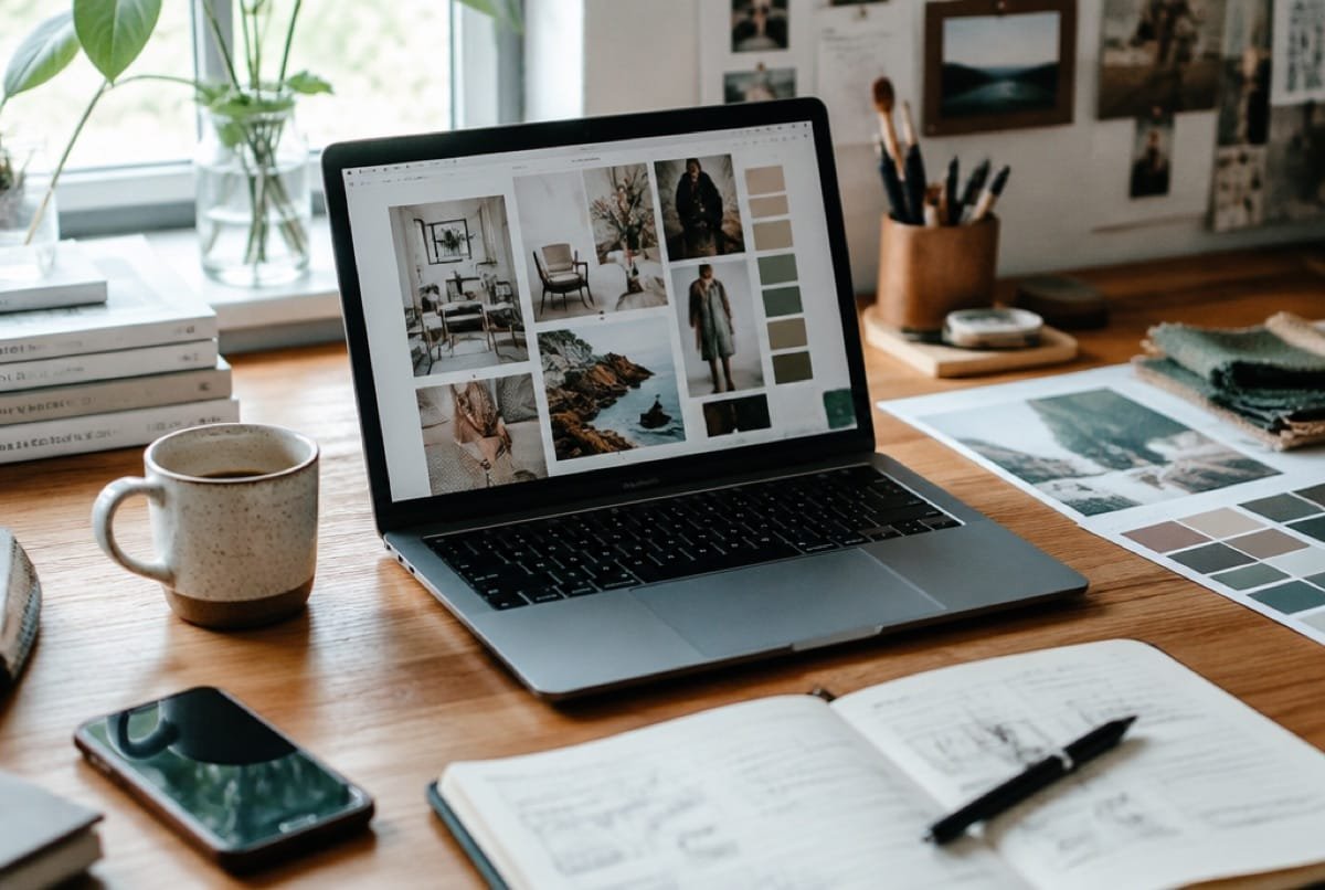A laptop with a notebook open beside it.
