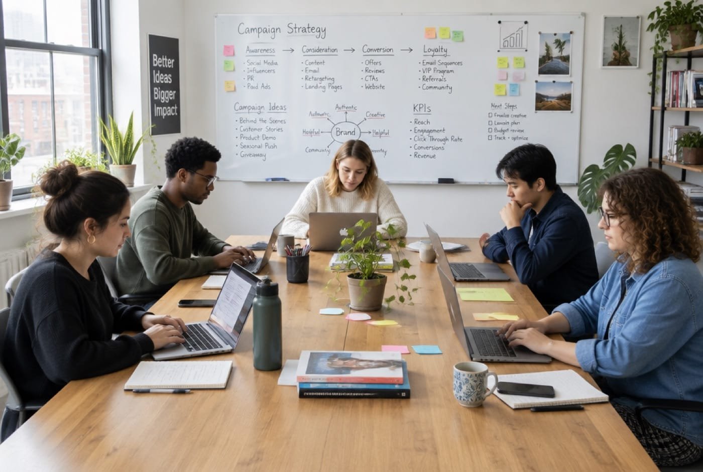 A team at a long studio table, laptops open, a whiteboard of plans behind them