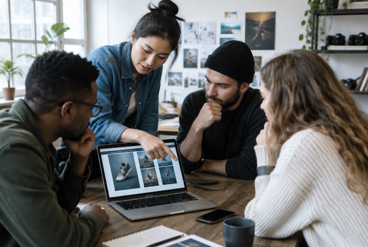 Colleagues looking at a screen together.