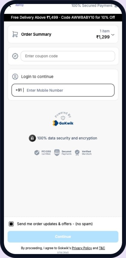 GoKwik checkout on a phone, opened from the AwwBaby cart and asking for a mobile number
