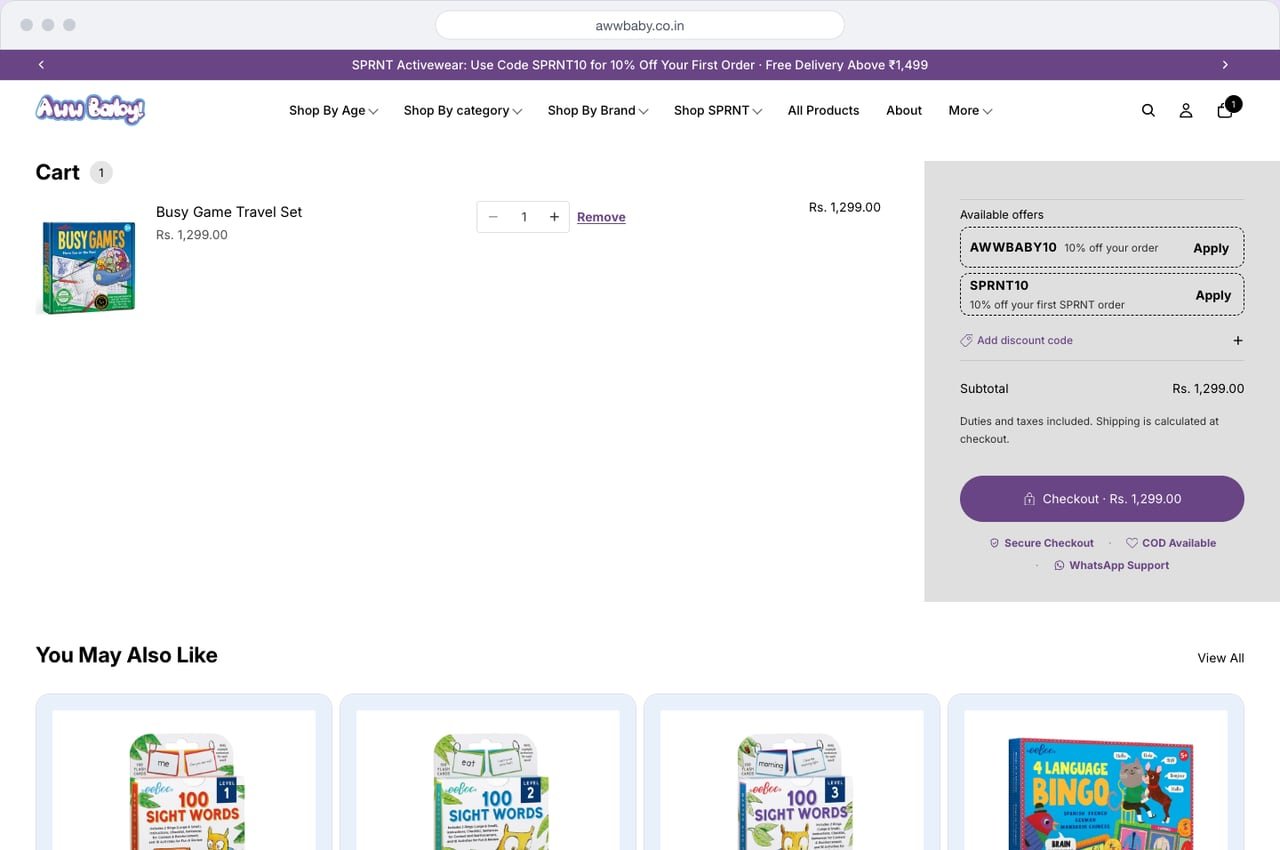 AwwBaby cart on desktop with one item, available offers, subtotal and a checkout button