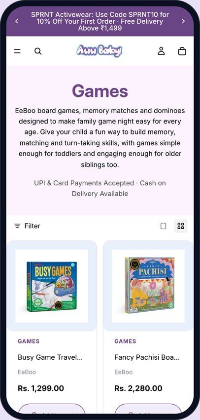 AwwBaby Games category page on a phone with a filter button and a two-column product grid