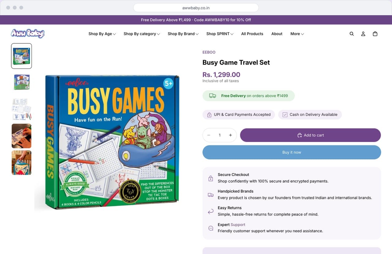 AwwBaby product page on desktop for the Busy Game Travel Set, with gallery, price, delivery and payment notes, add to cart and buy it now