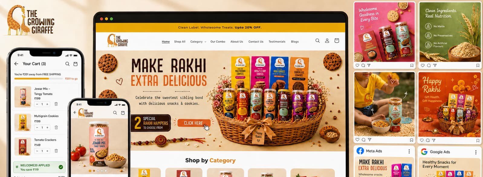 The Growing Giraffe website, ads and social creative shown together