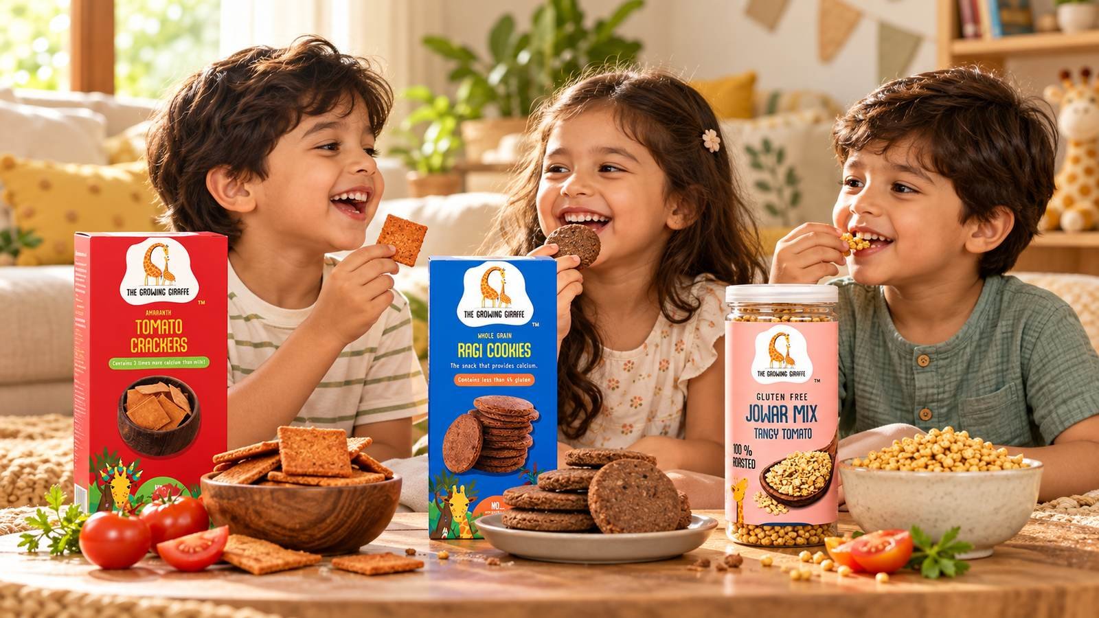 Three children laughing and eating The Growing Giraffe tomato crackers, ragi cookies and jowar mix at a table, with the packs in front of them