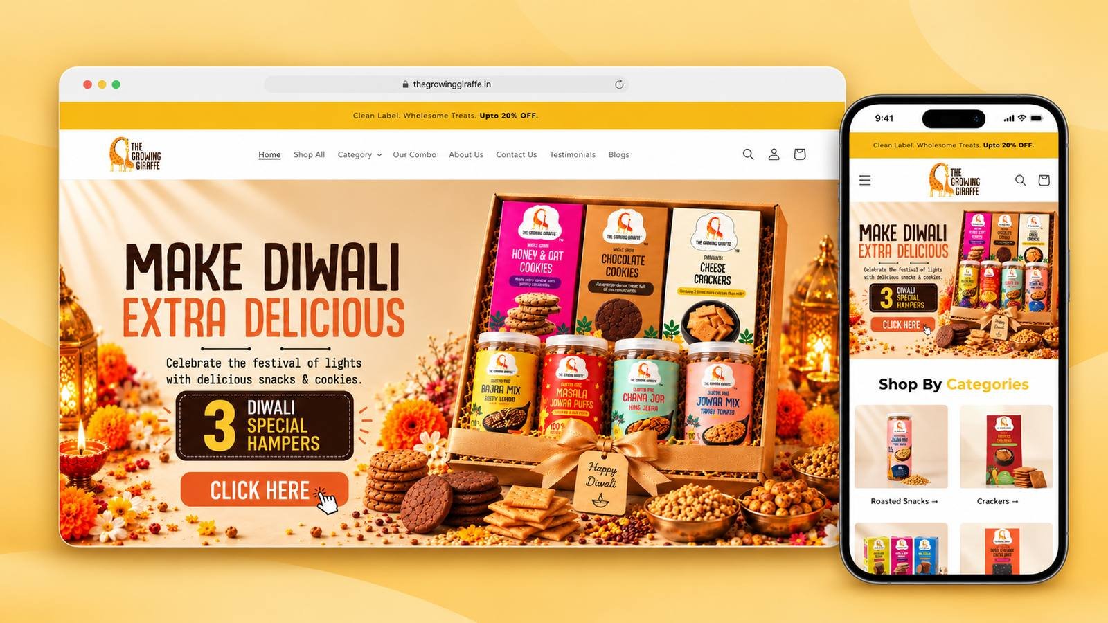 The Growing Giraffe homepage on a laptop and a phone: a Make Diwali Extra Delicious hero with three Diwali special hampers and an orange button, and Shop By Categories on the phone