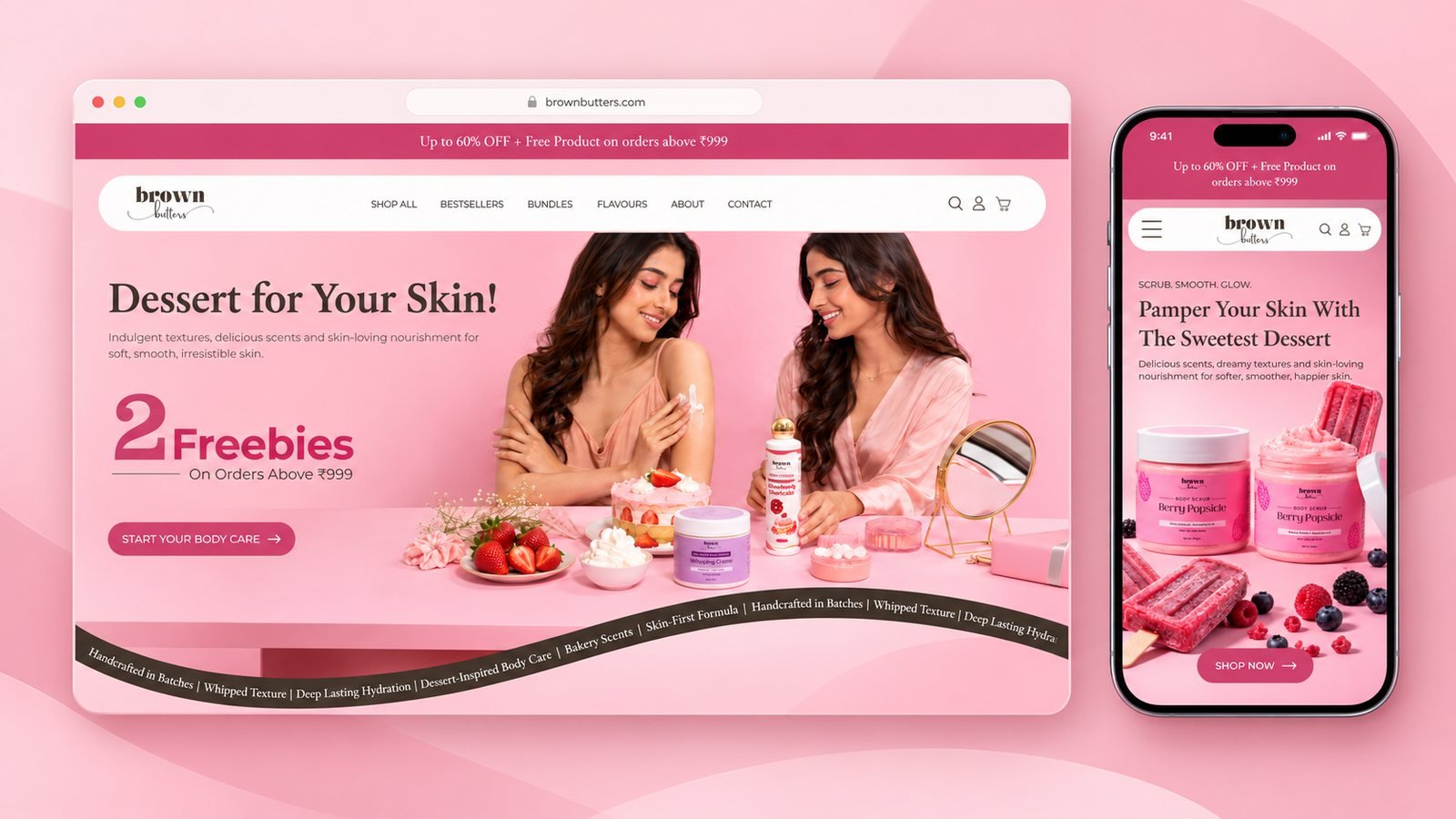 MyBrownButters homepage on a laptop and a phone: a Dessert for Your Skin hero with two women and the body butter range, an offer bar and a Start Your Body Care button