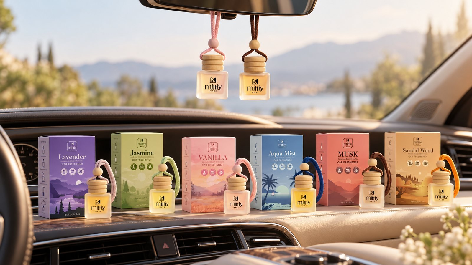 Mittiy Made car fresheners hanging from a rear-view mirror above a row of scent boxes on the dashboard, with a sea view through the windscreen