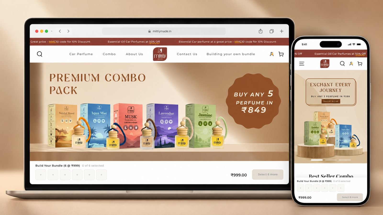 Mittiy Made homepage on a laptop and a phone: a Premium Combo Pack hero with car perfume boxes, a buy any five offer badge and a build your bundle bar