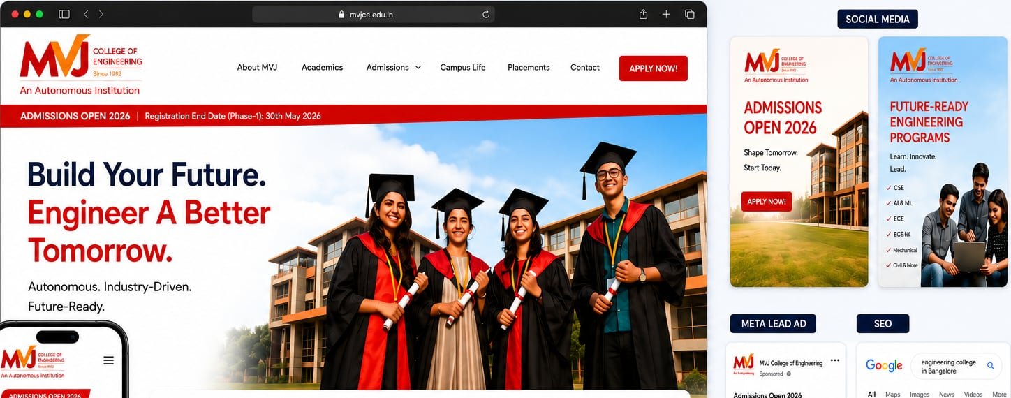 MVJ College of Engineering website, ads and social creative shown together