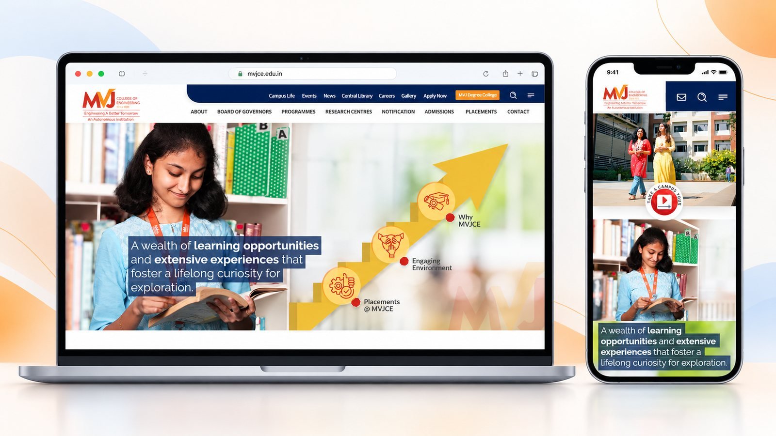 MVJ College of Engineering homepage on a laptop and a phone: a student reading in a library beside a rising arrow marking Why MVJCE, Engaging Environment and Placements