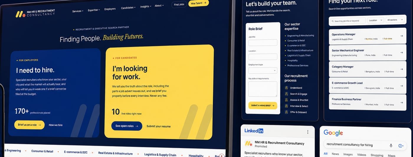 NM Consultings website, ads and social creative shown together