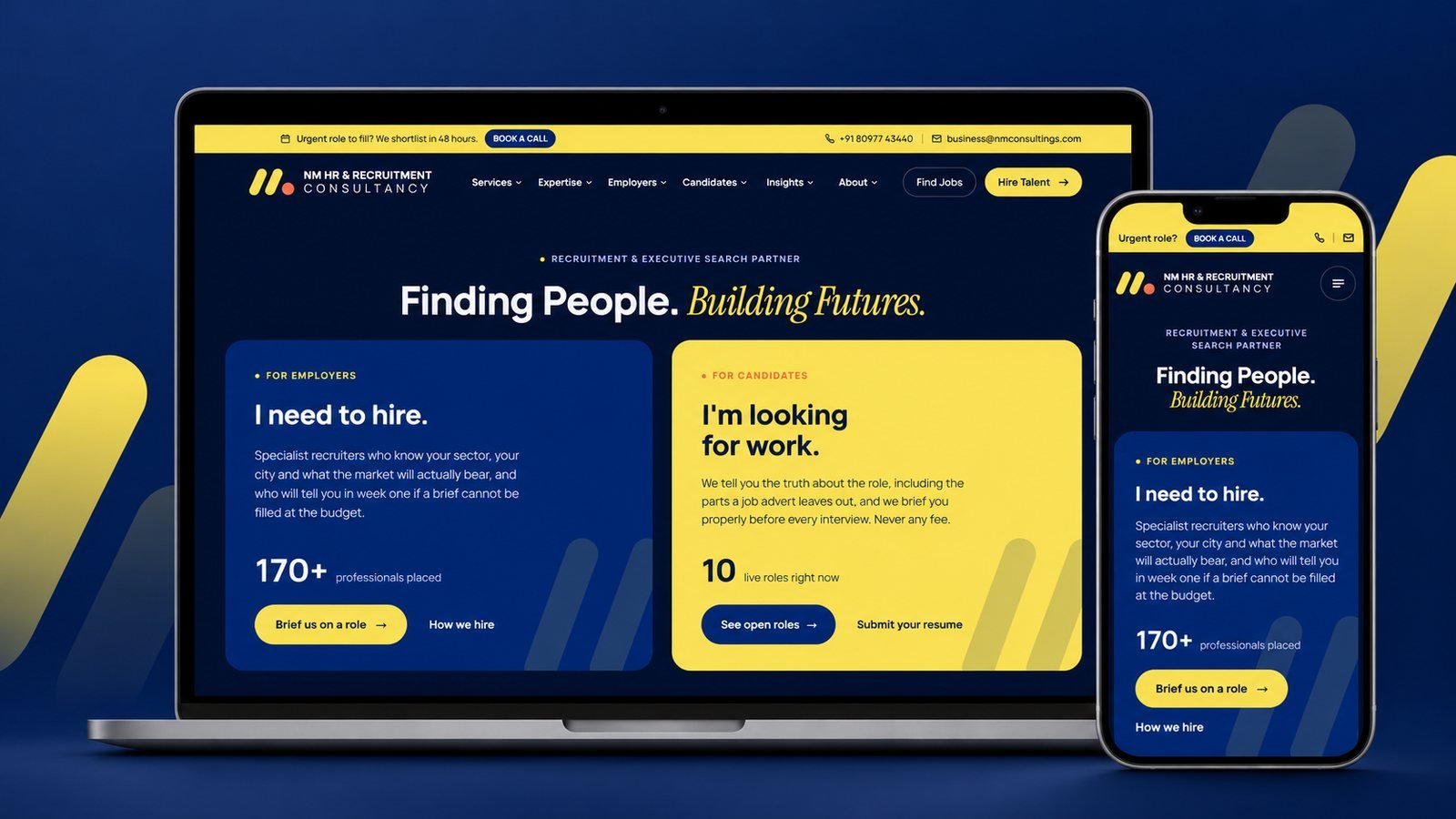 NM Consultings homepage on a laptop and a phone: Finding People. Building Futures. with two paths, I need to hire and I'm looking for work