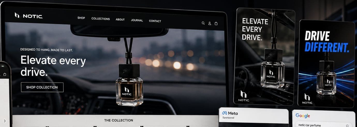 Notic website, ads and social creative shown together
