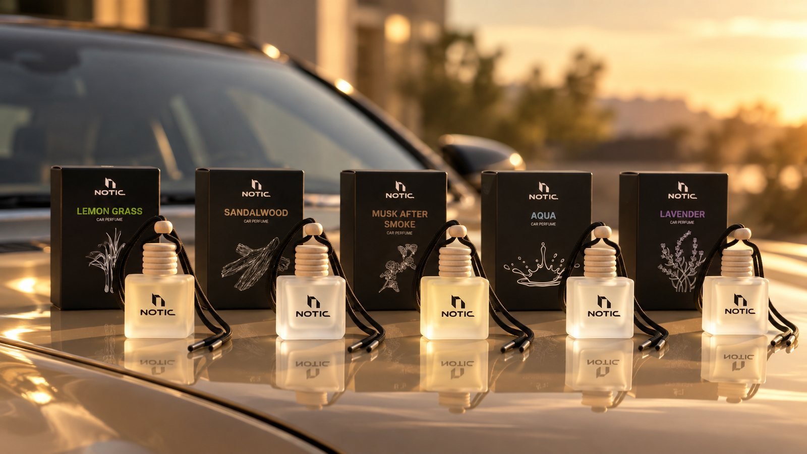 Five Notic car perfumes, Lemon Grass, Sandalwood, Musk After Smoke, Aqua and Lavender, lined up with their boxes on a car bonnet at sunset