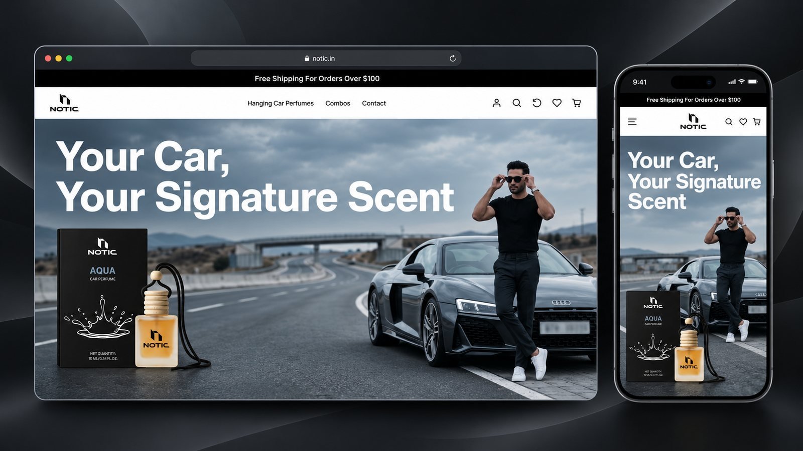 Notic homepage on a laptop and a phone: a Your Car, Your Signature Scent hero with the Aqua car perfume, a man and a sports car on an open road