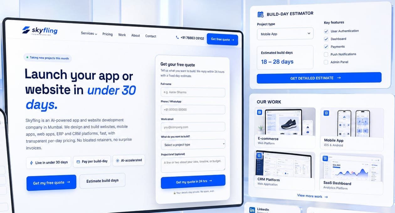 Skyfling Technologies website, ads and social creative shown together
