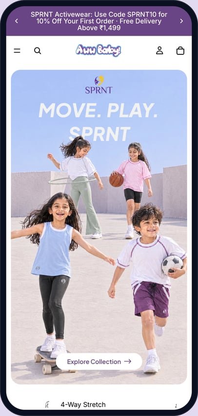 Sprnt brand page on a phone with the Sprnt logo, the Move. Play. SPRNT banner and an Explore Collection button