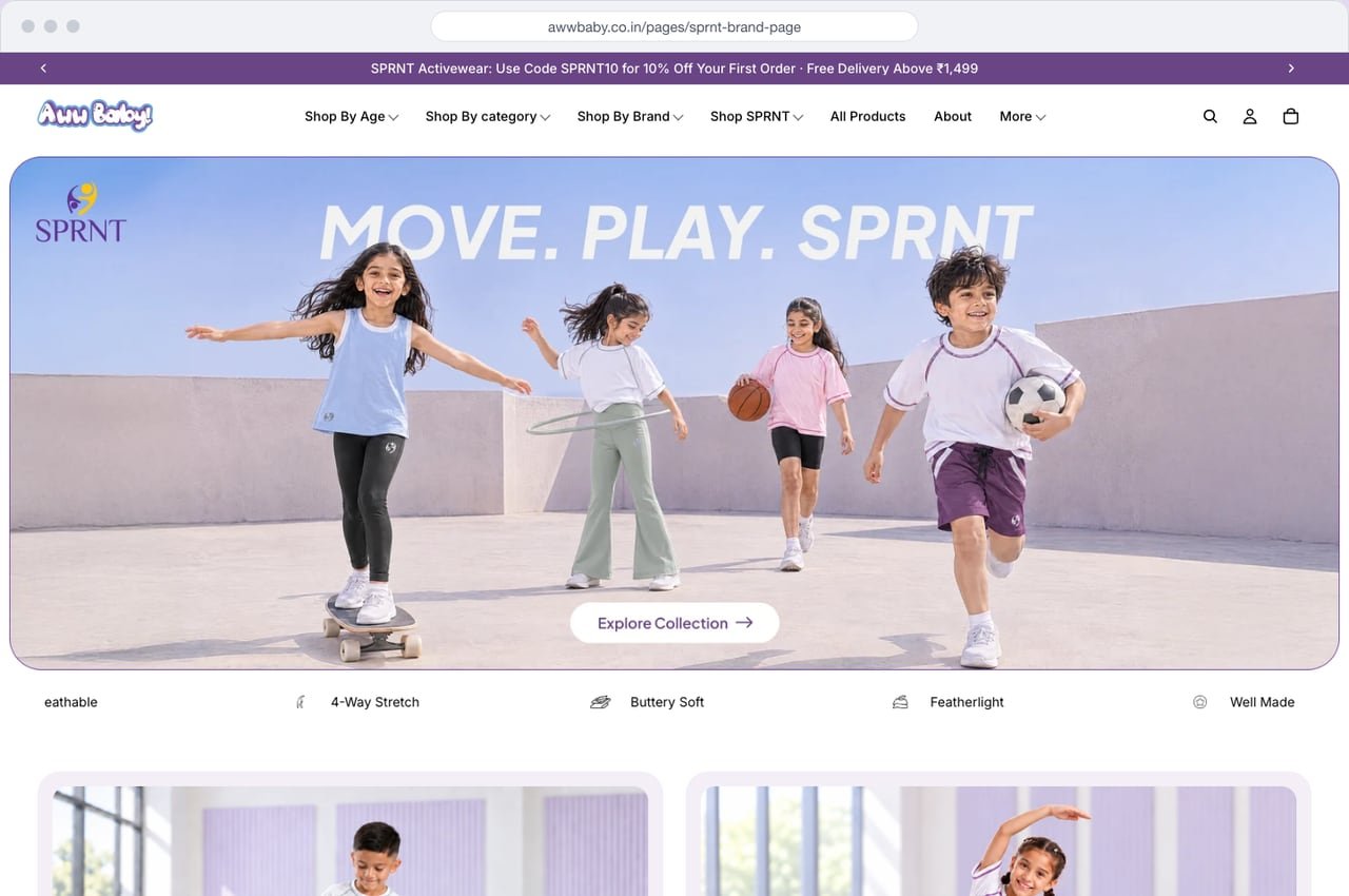 Sprnt brand page on desktop inside the Aww Baby store, with a Shop SPRNT menu and a banner of kids playing in Sprnt activewear