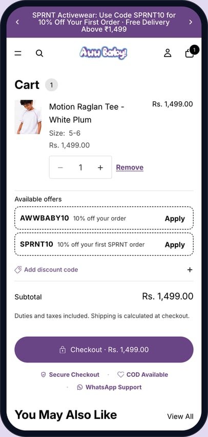 Aww Baby cart on a phone with a Sprnt tee, available offers and a checkout button
