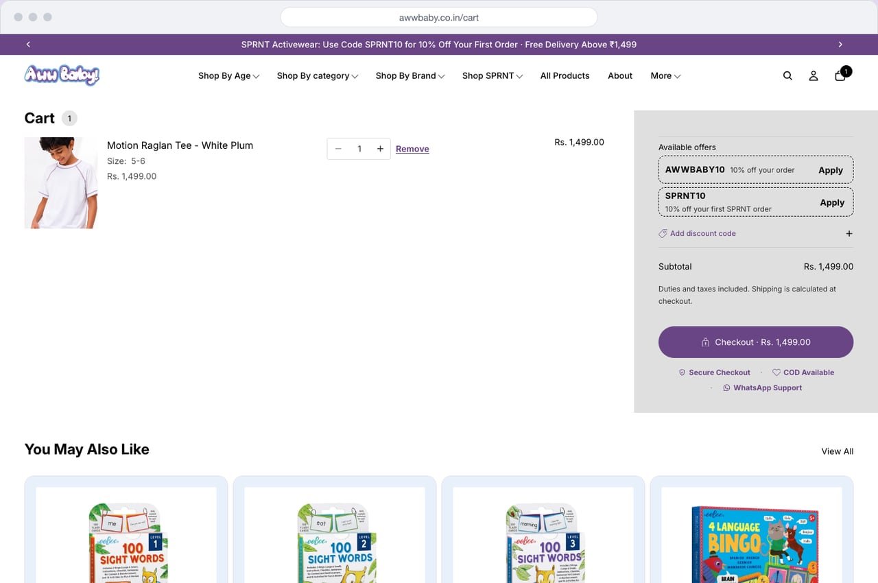 Aww Baby cart on desktop with a Sprnt tee, a Sprnt first-order offer, subtotal and a checkout button