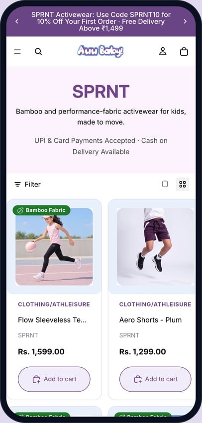 Sprnt collection page on a phone with a filter button and a two-column product grid