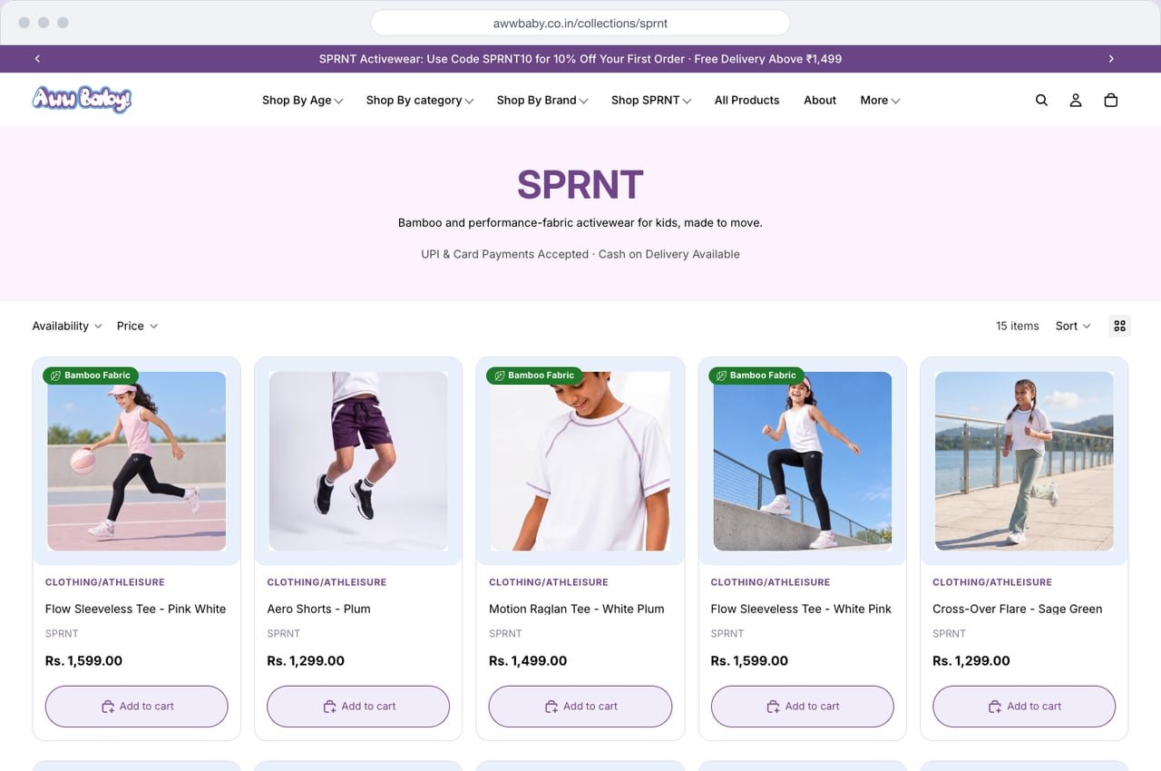 Sprnt collection page on desktop with Bamboo Fabric badges, filters, sort and product cards with price and add to cart