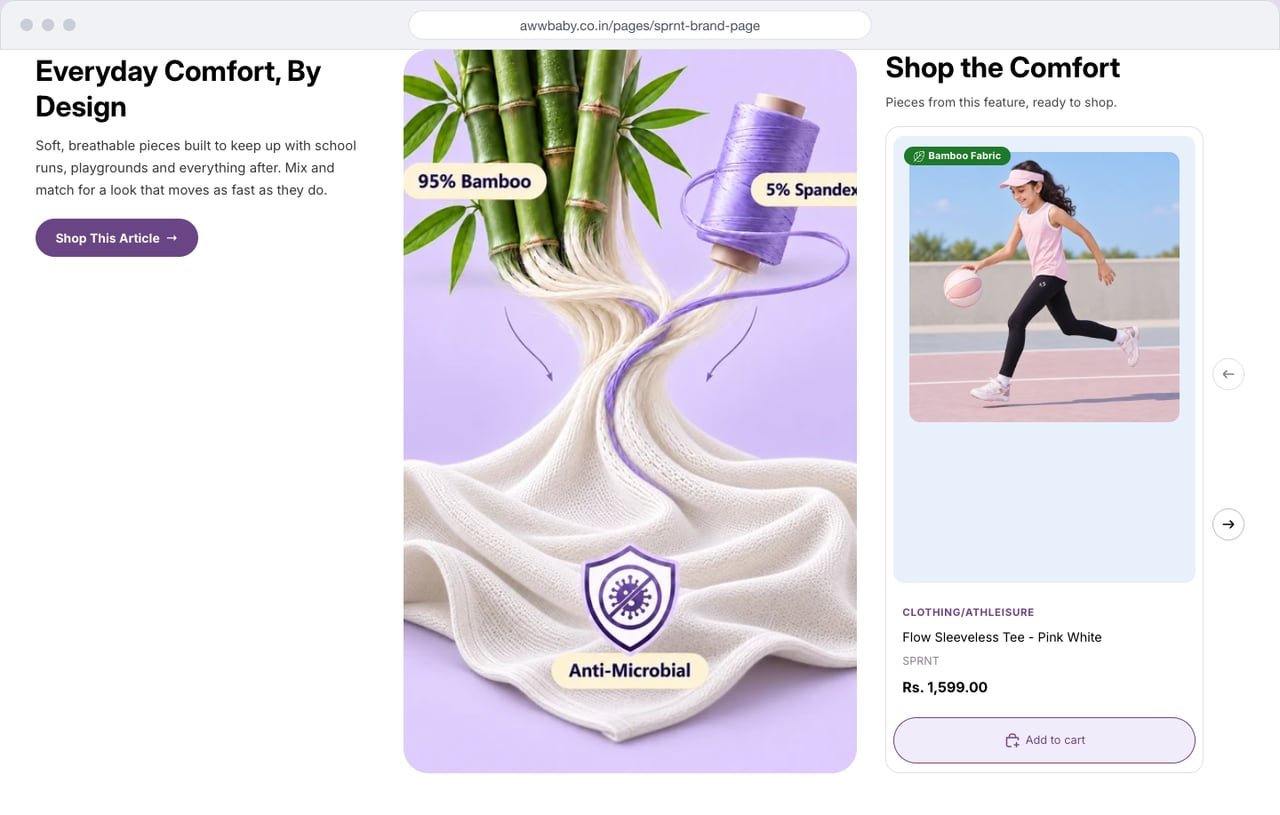Sprnt fabric section on desktop showing 95% bamboo and 5% spandex, anti-microbial, beside a product card