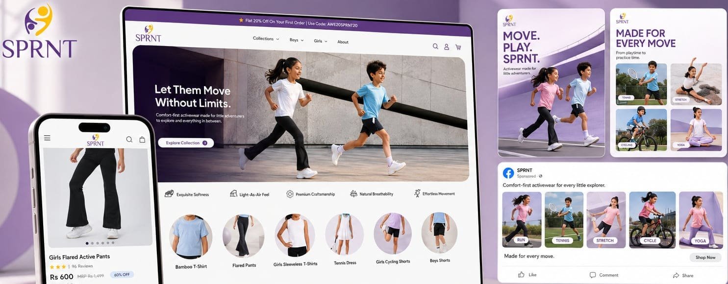 Sprnt store on a laptop and a phone, beside social tiles and a Meta ad in the brand's lilac palette